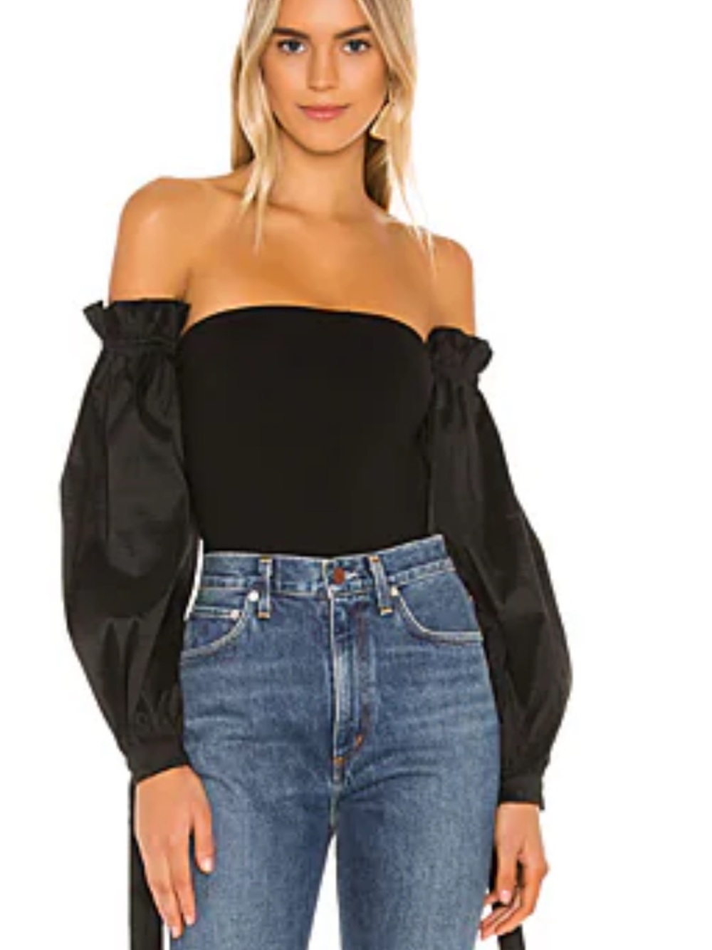 MAJORELLE Black Off-Shoulder Long Puff Sleeve Top Bodusuit